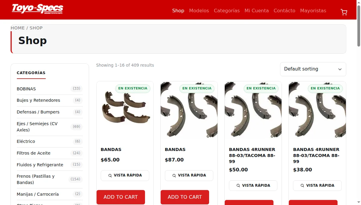 Catálogo de Toyo-Specs organizado por categoría